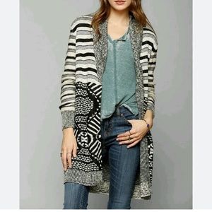 Ecote Long Cardigan Sweater Multi Patterned, Sz L, Pockets Fall & Winter Sweater